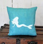 Mermaid Sitting or Swimming Turquoise Burlap Pillow