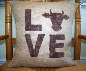 Love Cow Burlap Pillow
