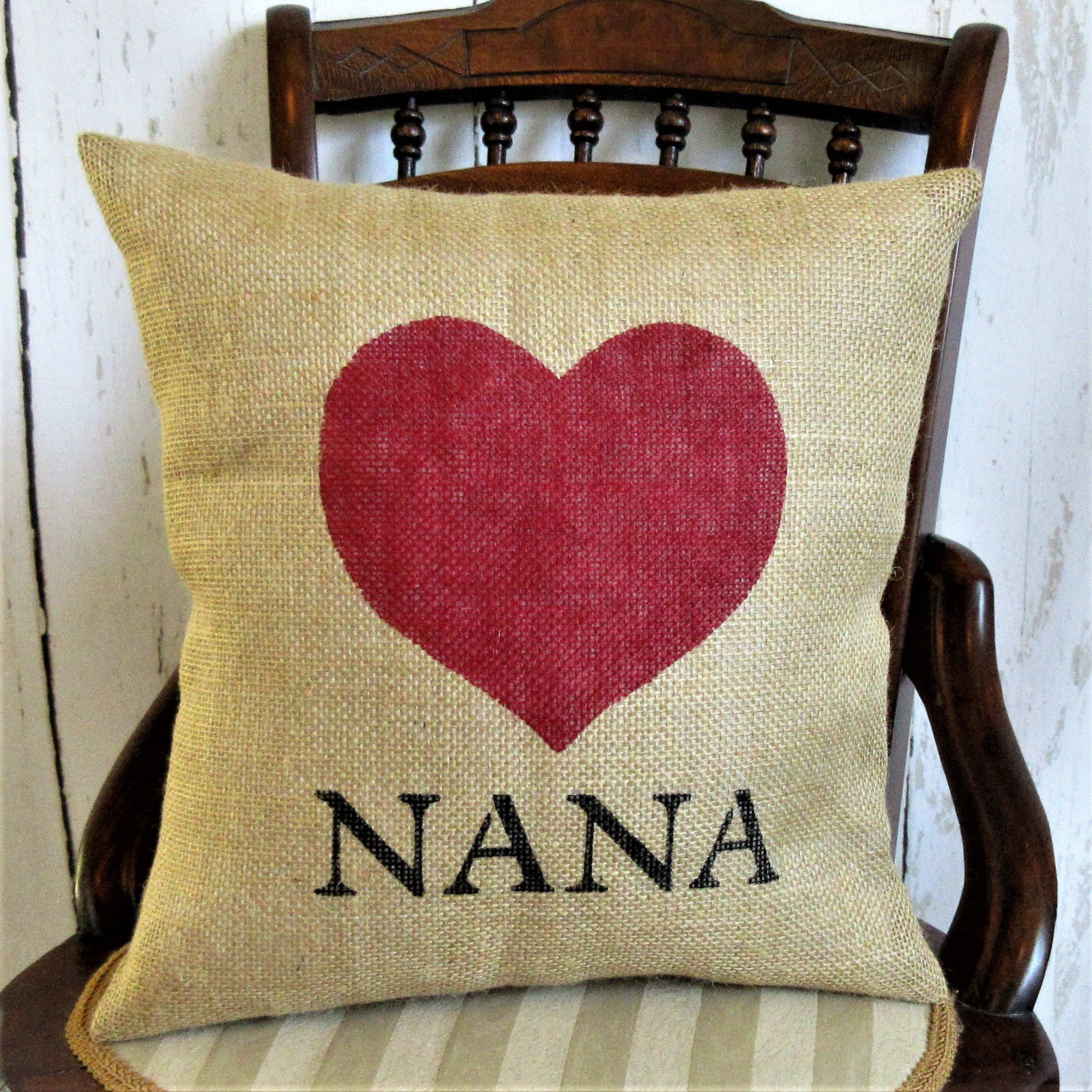 Nana Custom Name Heart Burlap Pillow