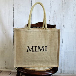 Mimi Personalized Burlap Tote bag ready to ship