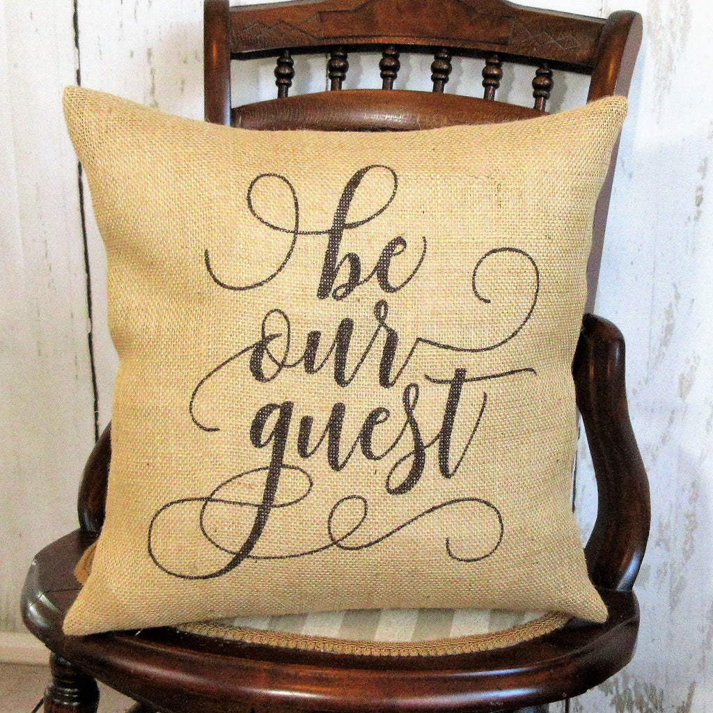 Be our guest brown burlap farmhouse pillow