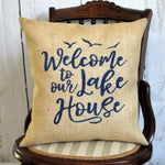 Welcome to the lake house burlap pillow