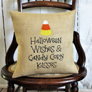 Halloween wishes and candy corn kisses Burlap Pillow