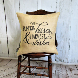 Pumpkin Kisses Harvest Wishes Burlap Pillow Cover