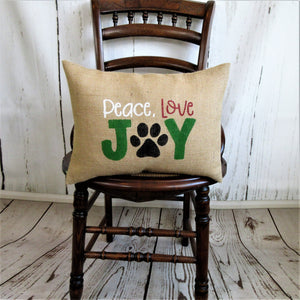 Peace, Love, Joy paw print Burlap Pillow