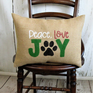Peace, Love, Joy paw print Burlap Pillow