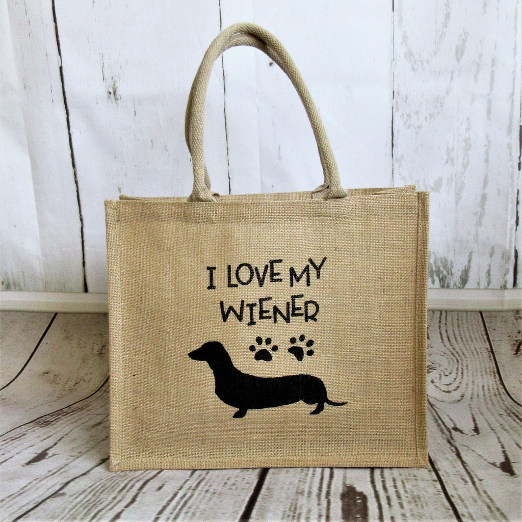 I Love My Wiener burlap tote bag