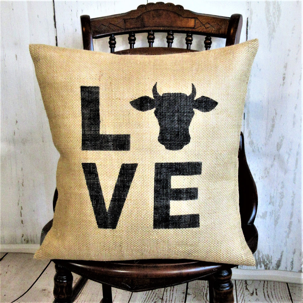 Love Cow Burlap Pillow