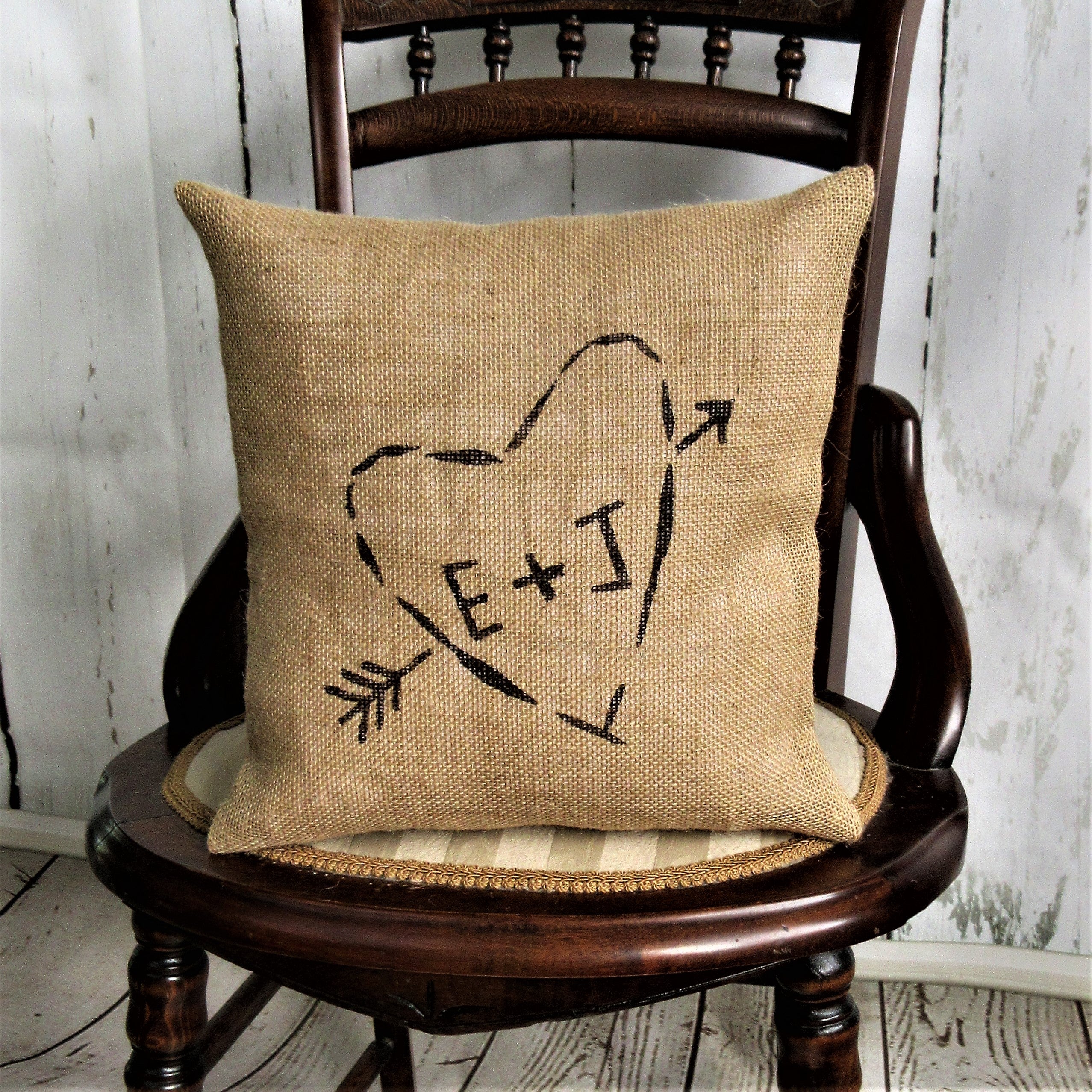 Tree Carved Heart Initials Burlap Pillow