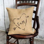 Tree Carved Heart Initials Burlap Pillow