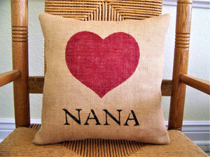 Nana Custom Name Heart Burlap Pillow