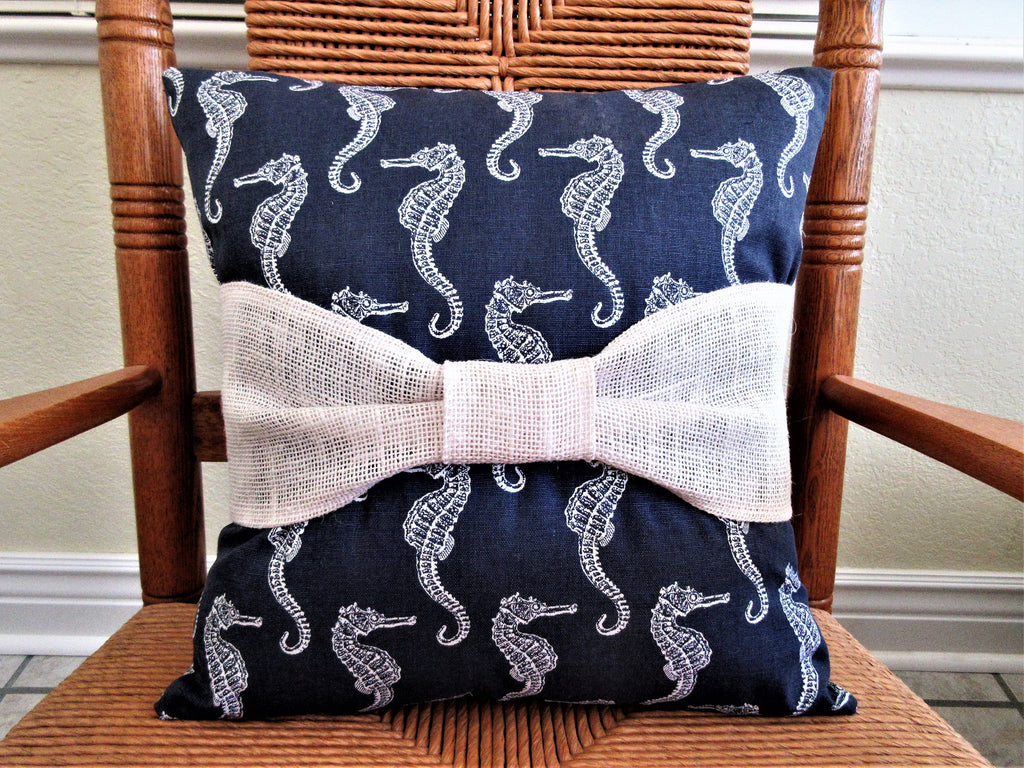 Seahorse Canvas Pillow with a Burlap Bow
