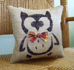Owl with Plaid Tie Halloween Burlap Pillow