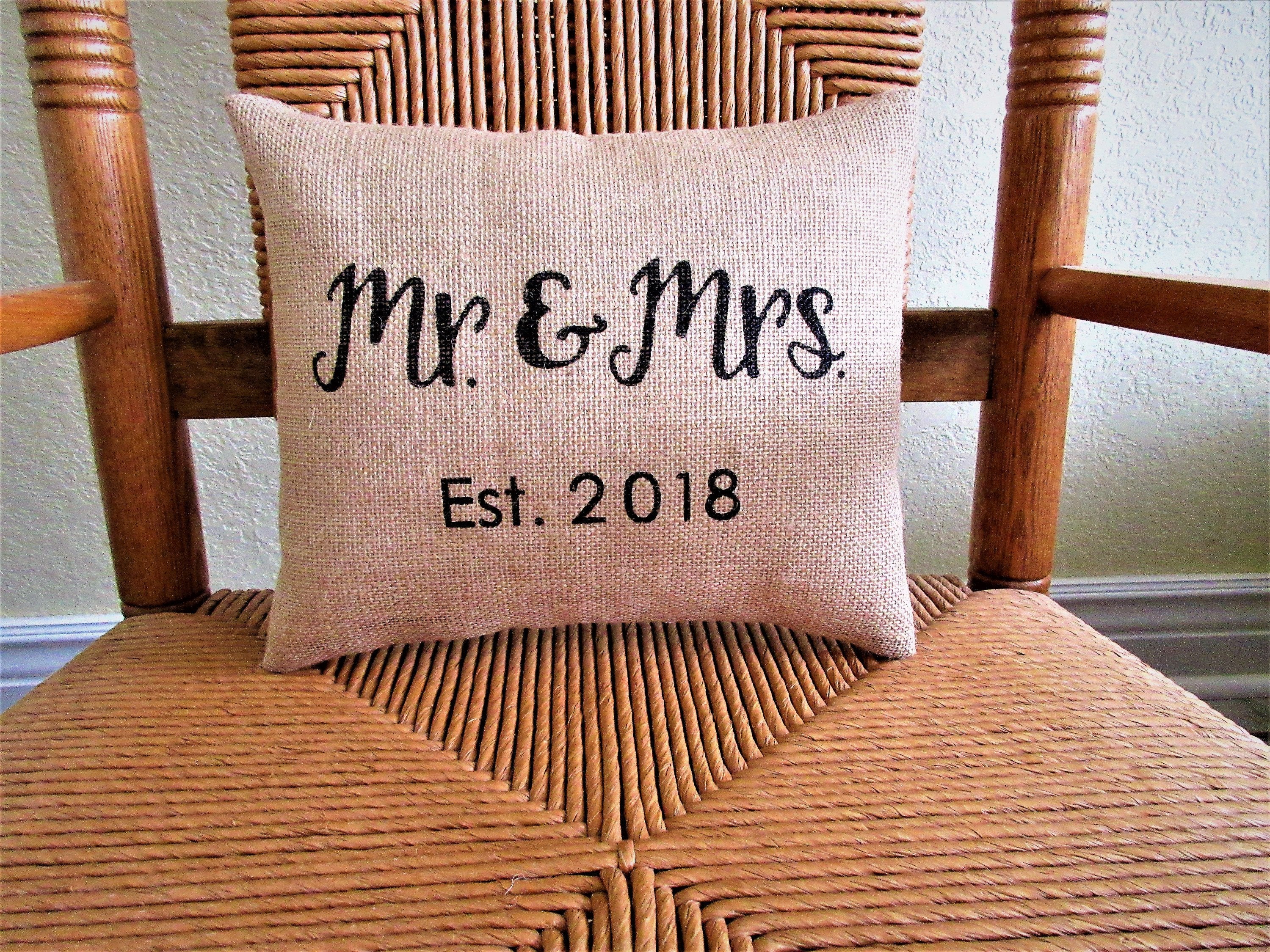 Mr and Mrs Personalized Date Burlap Pillow