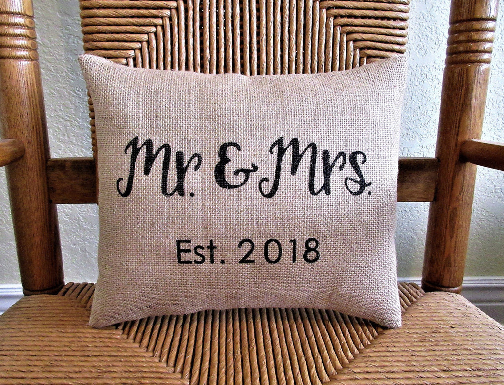 Mr and Mrs Personalized Date Burlap Pillow