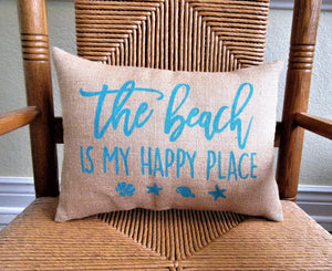 The Beach is my happy place Burlap Pillow